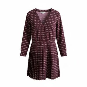 LOFT Women’s Plum Bow Print Wrap Dress Size 12 Long Sleeve Pleated Skirt